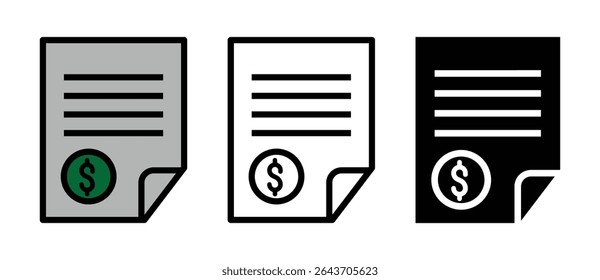 Três variações de um ícone de documento com um cifrão, apresentadas em esquemas de cores cinza, branco e preto para uso versátil.
