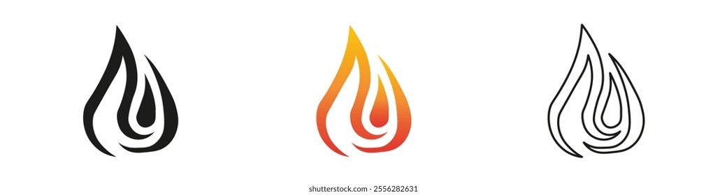 Three variations of a droplet design featuring unique colors. Fire icon vector set. Flame icon collection. Fire flame symbol. Black, gradient, line set