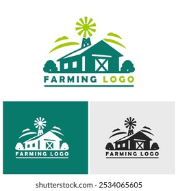  Three variations of a farming logo featuring a barn, windmill, sun, and trees. Ideal for agricultural branding.