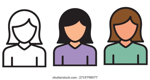 Tres variaciones del icono de perfil de usuario femenino que muestran el contorno, el color y los diversos estilos de cabello