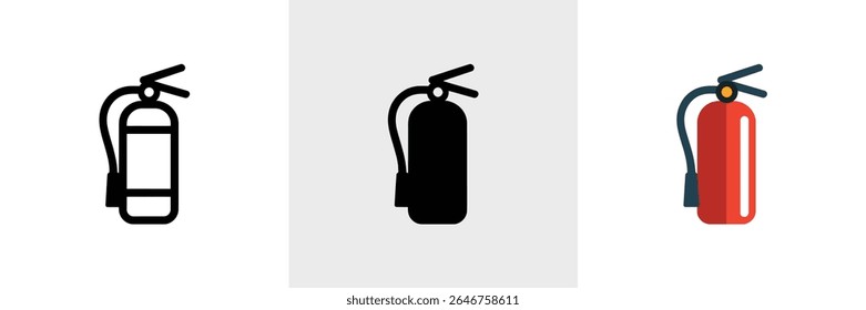 Three variations of a fire extinguisher icon are presented outline, black silhouette, and full-color. Each extinguisher features a cylindrical body and a top nozzle assembly.