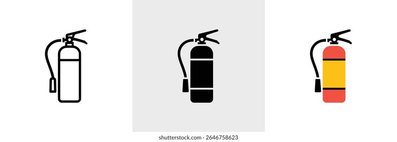 Três variações de um ícone de extintor de incêndio são exibidas. Um com arte em linha, uma silhueta e um com cor, apresentado sobre um fundo branco. O design é moderno.
