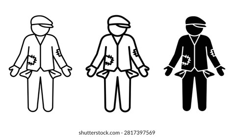 Three variations of a flat silhouette icon depicting a man with patched clothing and empty pockets, set against a white background. The style is minimalist.