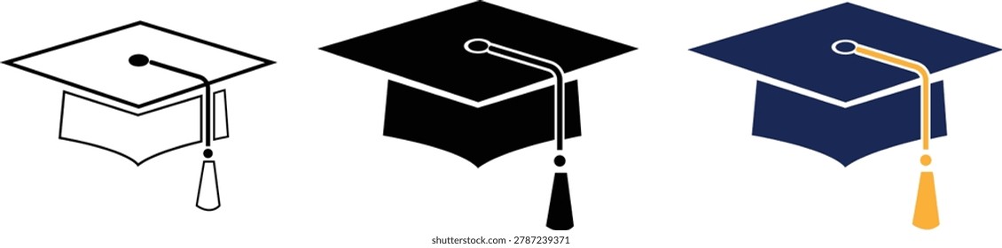 Three variations of graduation caps icon set showing outline solid and colored academic mortarboard hats for university school and college education design Vector