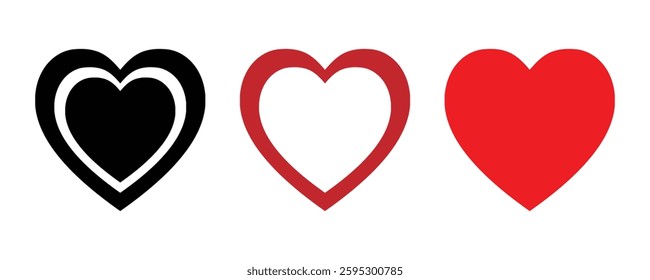 Three Variations of a Heart Icon in Black, Red Outline, and Solid Red