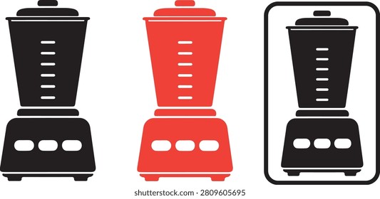 Three variations of a kitchen blender featuring black and red silhouettes with measurement markings and control buttons on a white background