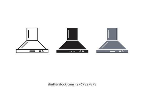 Three variations of a kitchen range hood icon are presented: outline, solid black, and flat gray. This versatile image symbolizes modern kitchen technology, cooking ventilation, kitchen appliances, and maintaining a fresh, clean cooking environment in a home.