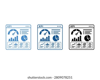 Three variations of KPI dashboard icons showing charts and gauges for performance tracking