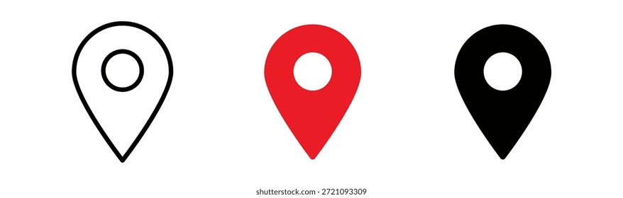 Tres variaciones de iconos de pin de ubicación en estilos negro, rojo y delineado, perfectos para temas de navegación y mapeo.