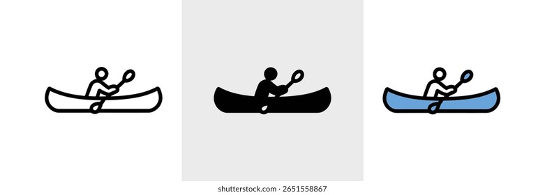 Três variações de um homem em uma canoa, uma com um estilo preenchido, a outra com contorno e outra com preenchimento azul; todas usam um remo para remar.