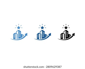 Three variations of a modern cityscape logo featuring tall buildings, an upward trending arrow, and a star symbol representing success and growth.