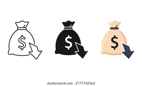 Three variations of a money bag icon with a dollar sign and a downward pointing arrow, symbolizing a decrease in money or financial loss.