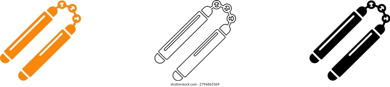 Three variations of nunchaku illustrations in orange, black and line art styles, showcasing a martial arts weapon with chain and handle details.