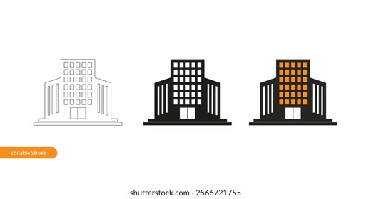 Three Variations of Office Building Icon - Editable Stroke Outline, Silhouette, and Colorful Design