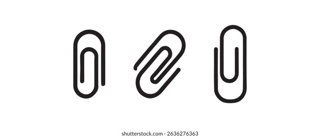 Três variações de ícones de clipe de papel em design preto e branco.