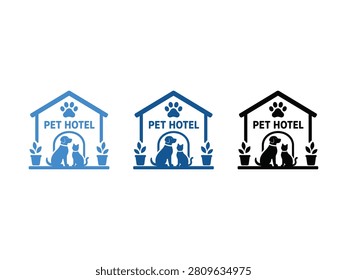Three variations of a pet hotel logo featuring a dog and cat silhouette inside a house shape with paw prints.
