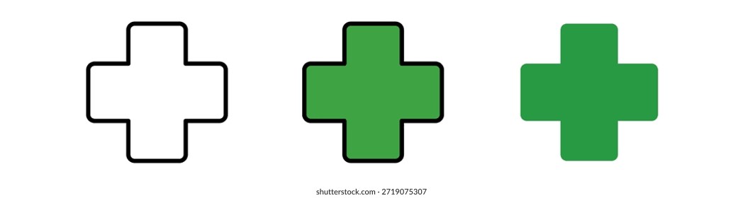 Tres variaciones de un contorno blanco más Iniciar sesión, verde sólido y verde relleno contra un fondo blanco.