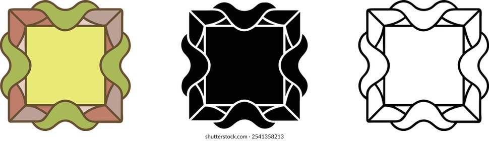 Three variations of a rectangular frame with wavy, organic edges. One is filled with muted colors, the second is black, and the third is an outline.