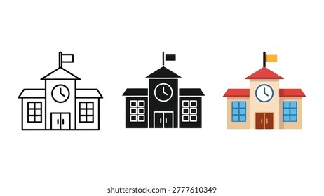 Three variations of a school building icon featuring a clock tower, entrance doors, and a flag on the roof.