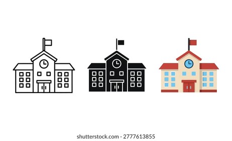 Three variations of a school building icon featuring a clock tower, flag, and windows, presented in outline, solid black, and colorful flat design.
