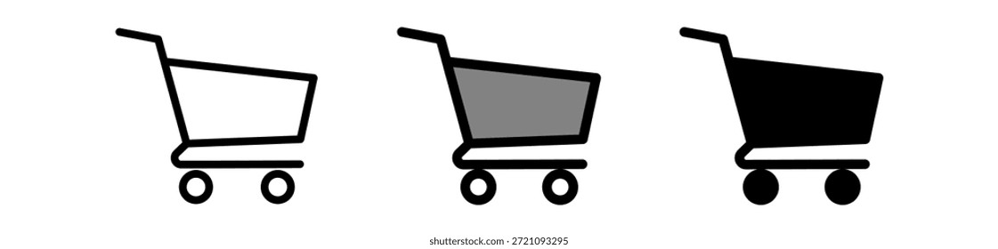 Tres variaciones de un ícono de Carrito de compras, mostrando diferentes tonos y estilos para un uso versátil.