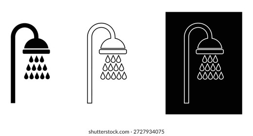 Three variations of shower head icons in black and white with water droplets icon symbol bathroom plumbing fixture outline