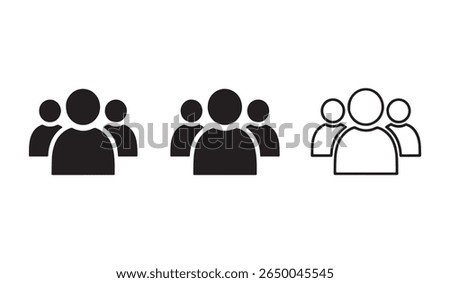 Three variations of simple group icons, isolated on white background. Solid black, filled black, and outlined versions. Neutral mood, suitable for websites, apps, and presentations