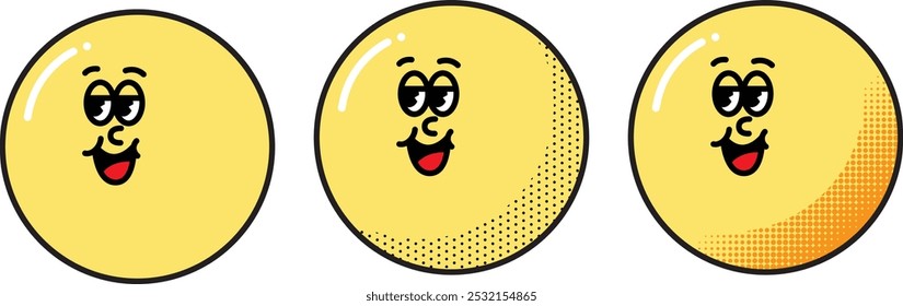 Three variations of a smiling yellow face icon in vector format, each rendered in different graphic styles. The first face features a clean, flat color fill; the second face has a stippled halftone te