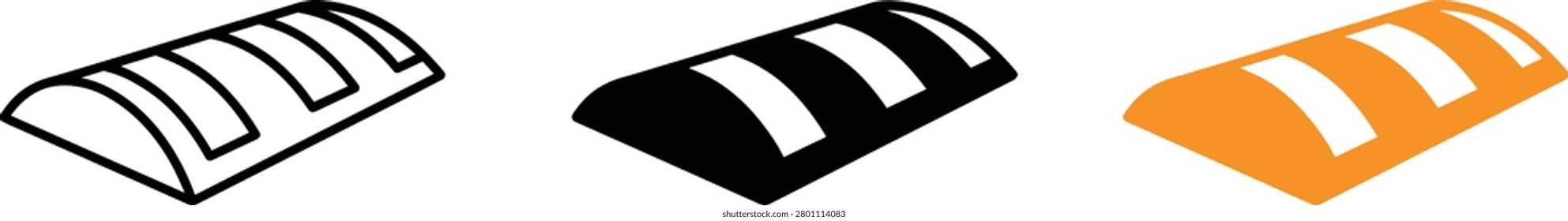 Three variations of a speed bump icon: outline, solid black, and orange with white stripes, ideal for safety and traffic designs.