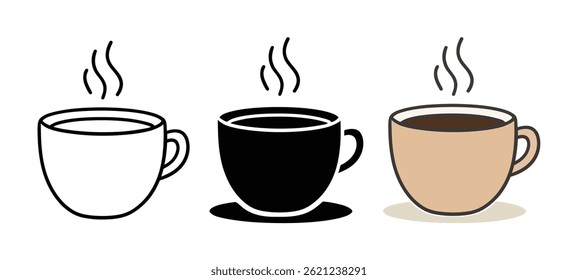 Three variations of a steaming coffee cup icon: outline, solid black, and beige fill.