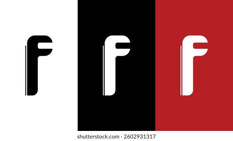 Three variations of a stylized letter F logo. The first is black on a white background, the second is white on a black background, and the third is white on a red background.