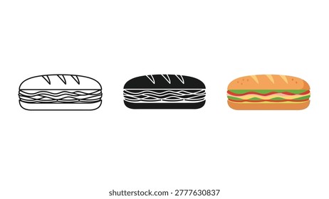 Three variations of a submarine sandwich icon displayed in line art, solid black silhouette, and full color flat design.