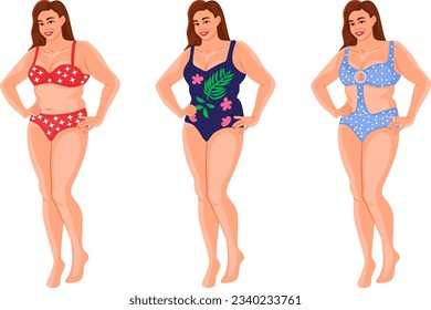 Tres variaciones de trajes de baño en un modelo. Modelo curvado con bikinis diferentes. 
