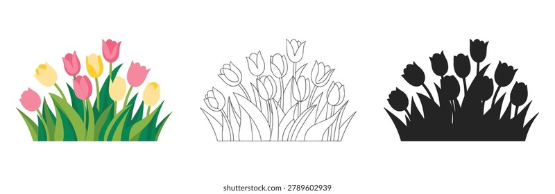 Three variations of a tulip flower patch including a flat color a black and white line and a solid black silhouette isolated on a white background