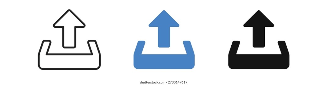 Três variações do ícone de upload em preto, azul e branco, simbolizando transferências de arquivos digitais.