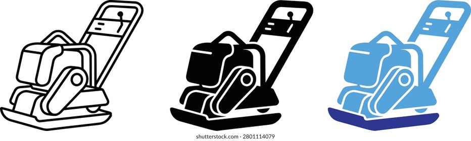 Three variations of a vibratory plate compactor icon, featuring line art, solid fill, and blue color, perfect for construction and industrial design.