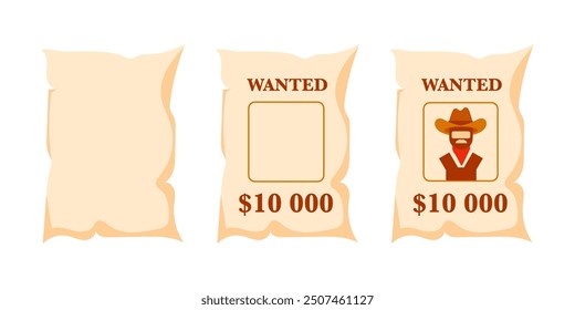 Three variations of a wanted poster template, featuring a cowboy character and space for a reward
