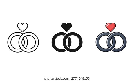 Three variations of wedding rings intertwined, symbolizing marriage and love, presented in a clean vector graphic. Ideal for wedding invitations, romantic themes, and jewelry advertising.