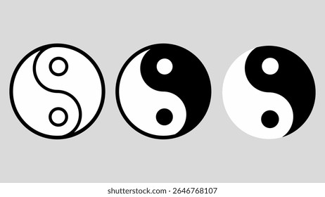 Três variações do símbolo Yin Yang em negrito preto e branco. Representando equilíbrio e harmonia na filosofia oriental. Perfeito para uso espiritual, cultural e design minimalista.