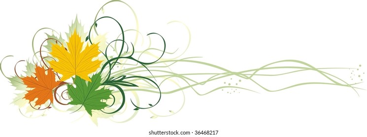 Three varicolored maple leaves. Banner. Vector