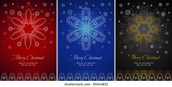 Three various color backgrounds with Christmas theme. Bright congratulatory cards with design of various snowflakes and a place for your information.