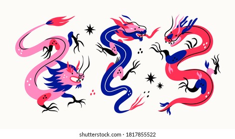 Three various Dragons. Mythological creatures. Zodiac sign. Chinese asian cartoon style. Hand drawn colored Vector illustration. Tattoo idea. Print templates. Every dragon is isolated on white