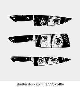 Three various Knives. Blades with Manga anime Eyes. Abstract Hand drawn Vector trendy illustration. Cool simple design. Minimalistic style. Tattoo or print idea. Every knife is isolated