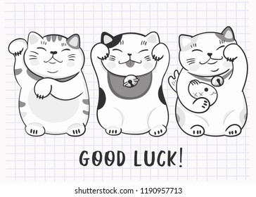 Three various maneki neko. Hand drawn vector set. All elements are isolated