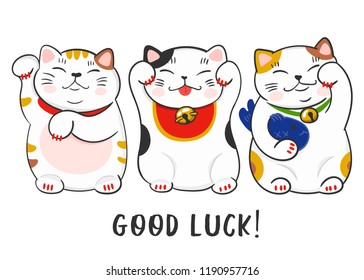 Three various maneki neko. Hand drawn colored vector set. All elements are isolated