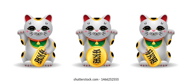 Three various Maneki Neko japan lucky cats with golden coin inscription 10 million ryo. Realistic Illustration statuette isolated on white background. Vector set