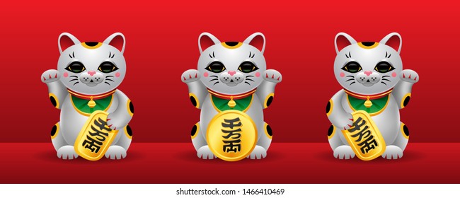 Three various Maneki Neko japan lucky cats with golden coin inscription 10 million ryo. Realistic Illustration on red background. Vector set