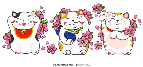 Three various maneki neko and sakura flowers. Hand drawn colored vector set. All elements are isolated