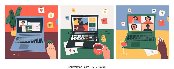 Three various Workplaces, working desks. Point of view on Laptop screen. Virtual chat, Video call. Communication concept. Hand drawn Vector illustrations. Every illustration is isolated