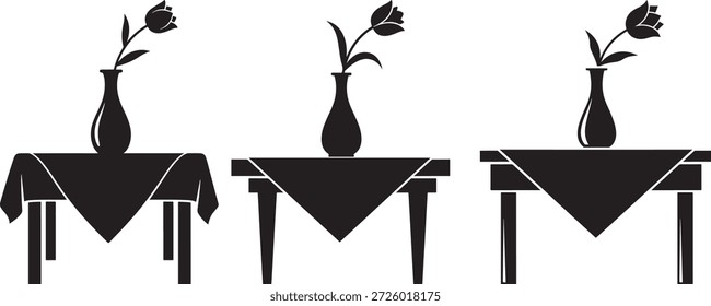 Drei Vasen mit Blume auf dem Tisch. Vektorgrafik von Stillleben-Objekten.